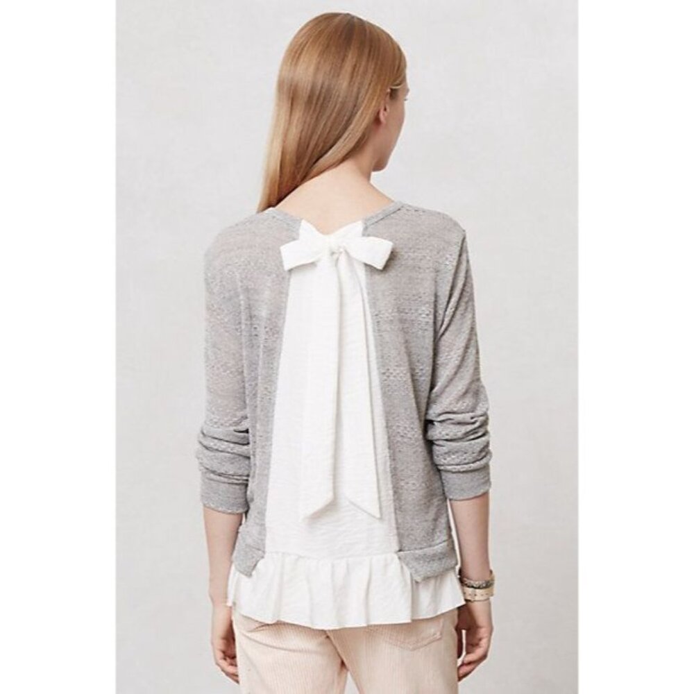Anthropologie X Clu Willoughby Shimmer Knit Ruffle Hem Bow Back L/S Top - Picture 1 of 16